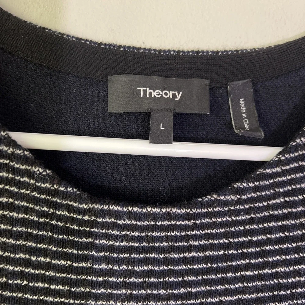 Theory Koldeen O Noble Wool Midi Dress Striped Size L Blue Black Luxury Career